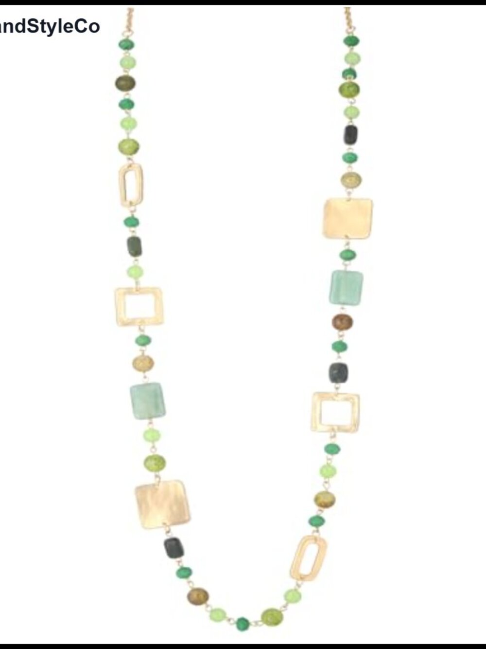 Long Gold Tone Natural Stone Beaded Strand Necklace Chunky Geometric Squares